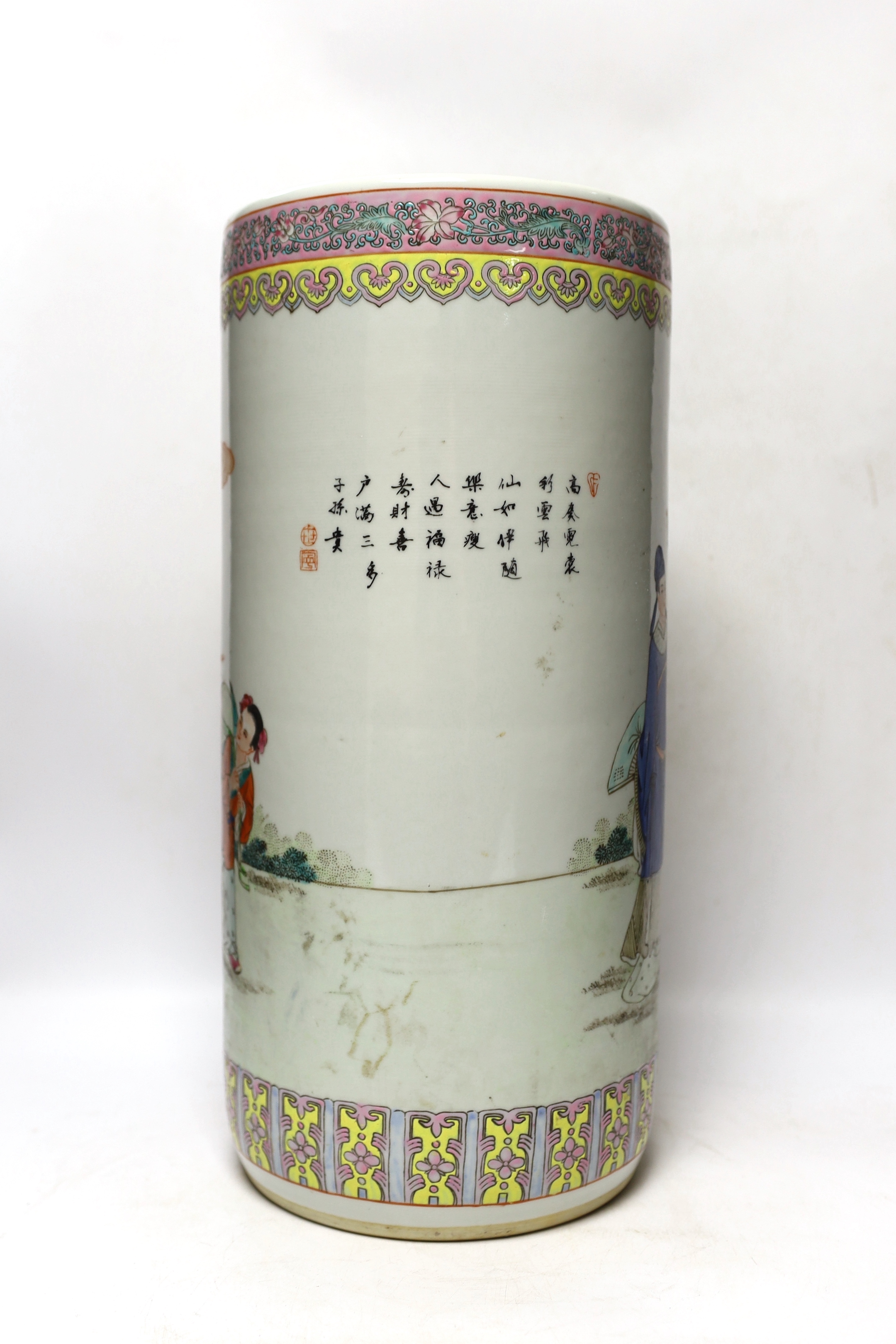 A Chinese Republic period famille rose umbrella stand, signed, 45.5cm high